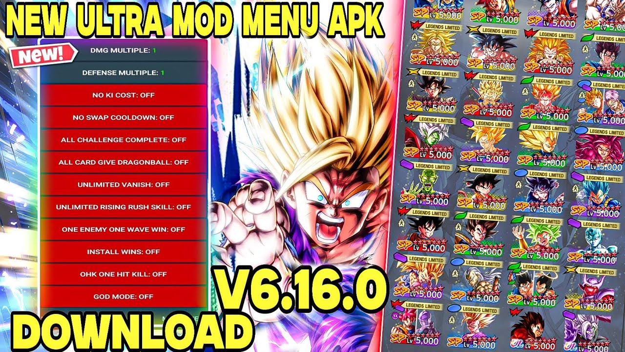НОВИНКА!! Dragon Ball Legends V6.16.0 ULTRA Mod Menu Apk / 17+ функций Mod Menu / Взлом DB Legends