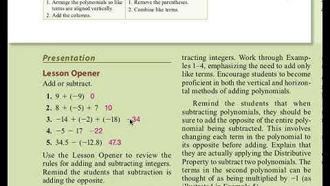 Algebra 1 -- 9.2 Adding and Subtracting Polynomials