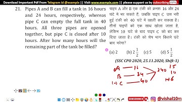 Pipes A and B can fill a tank in 16 hours and  24  hours,  respectively,  whereas pipe  C  can....