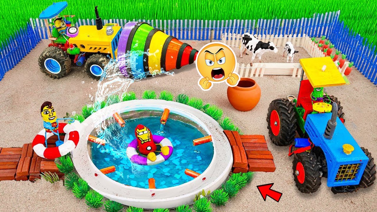 DIY mini tractor-powered pool party project – construction vehicles creating fun