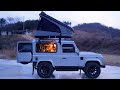 [ASMR] Car Camping on the Frozen River | Land Rover Defender 90 | James Baroud Tent