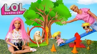 LOL Goldie Doll Family Puppy School Competition with Barbie Trainer Toy