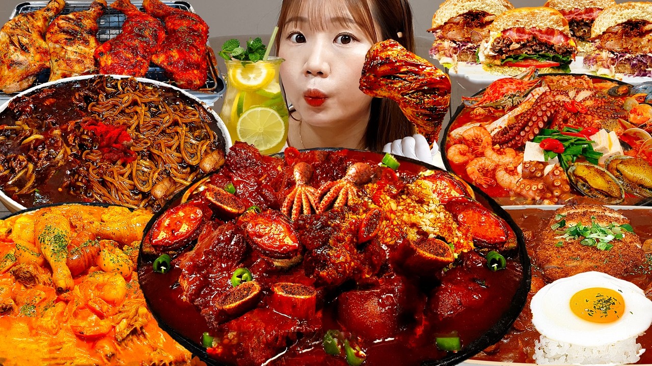 Sub)Cooking Mukbang- Приглашаем всех голодных 😋 Острая лапша, курица, говядина, бургер🔥 ASMR