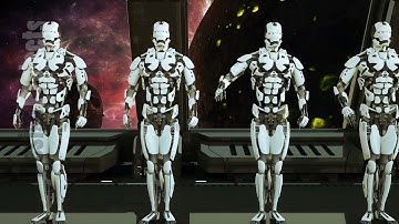 Robots soldiers on a spaceship salute against the background of space and planets. A futuristic