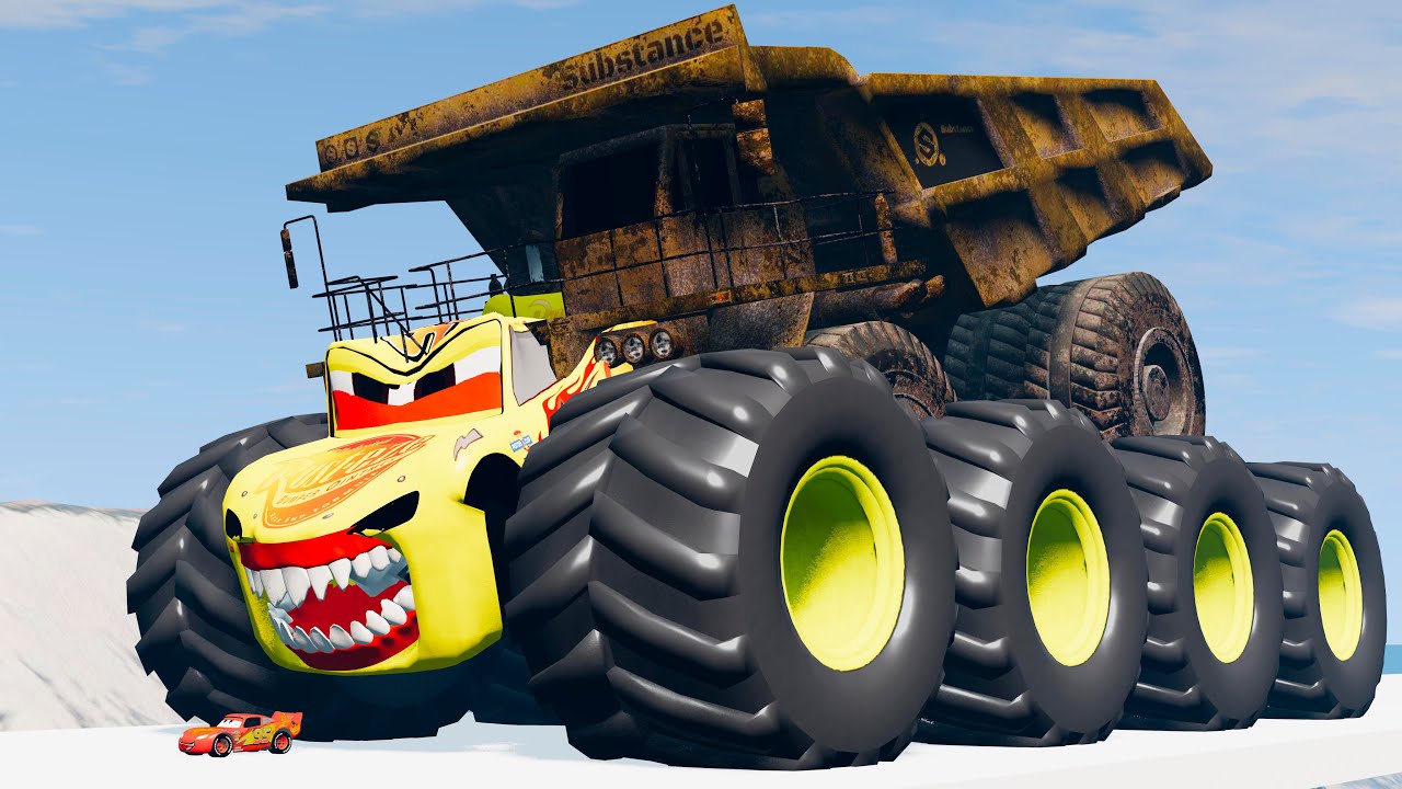 Гигантский грузовик XXL McQueen Eater против Cars Lightning McQueen Escape From Monster Beamng Dr...