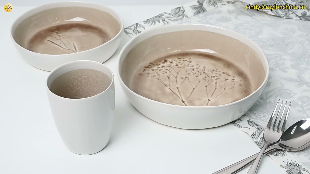 🔥Debossed Flat Bottom Crackle Glaze Reactive Stoneware Dinnerware Set | Raylon Enterprise