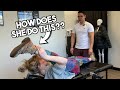 Dancer gets foot behind her head  first neck crack  chiropractic treatment