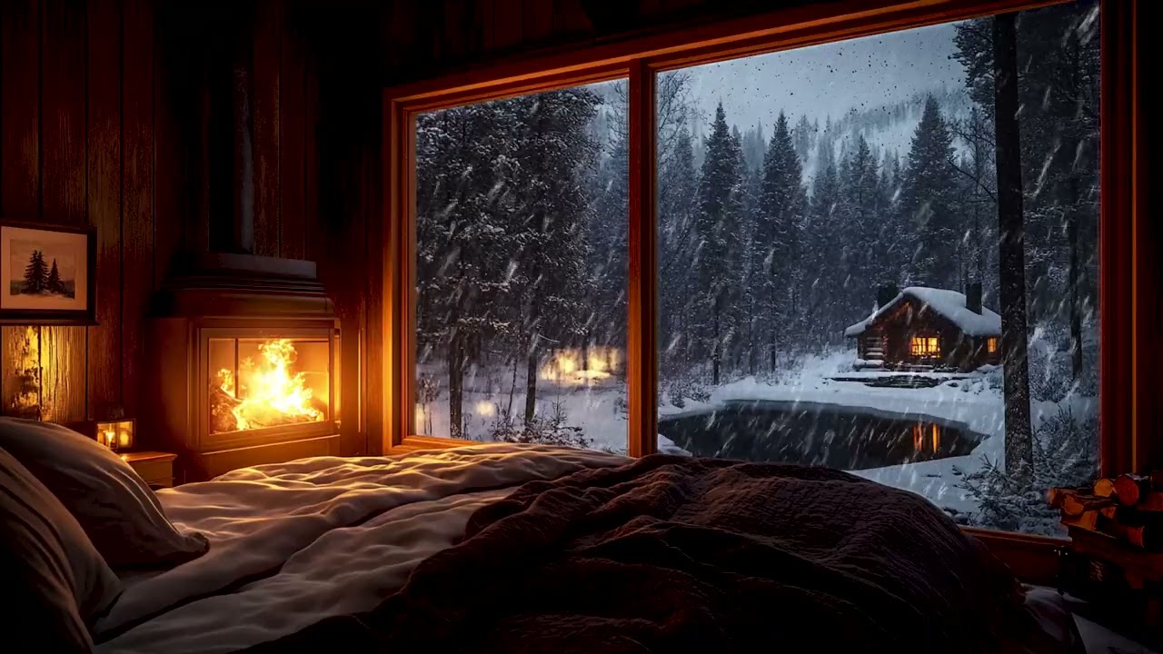 Winter Retreat Vibes with Serene Snow, Snug Evenings, and Crackling Fire Ambience