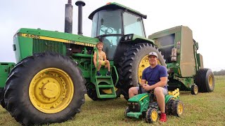 Real tractors on the farm baling hay | Hudson fixing broken tractor | Tractors for kids