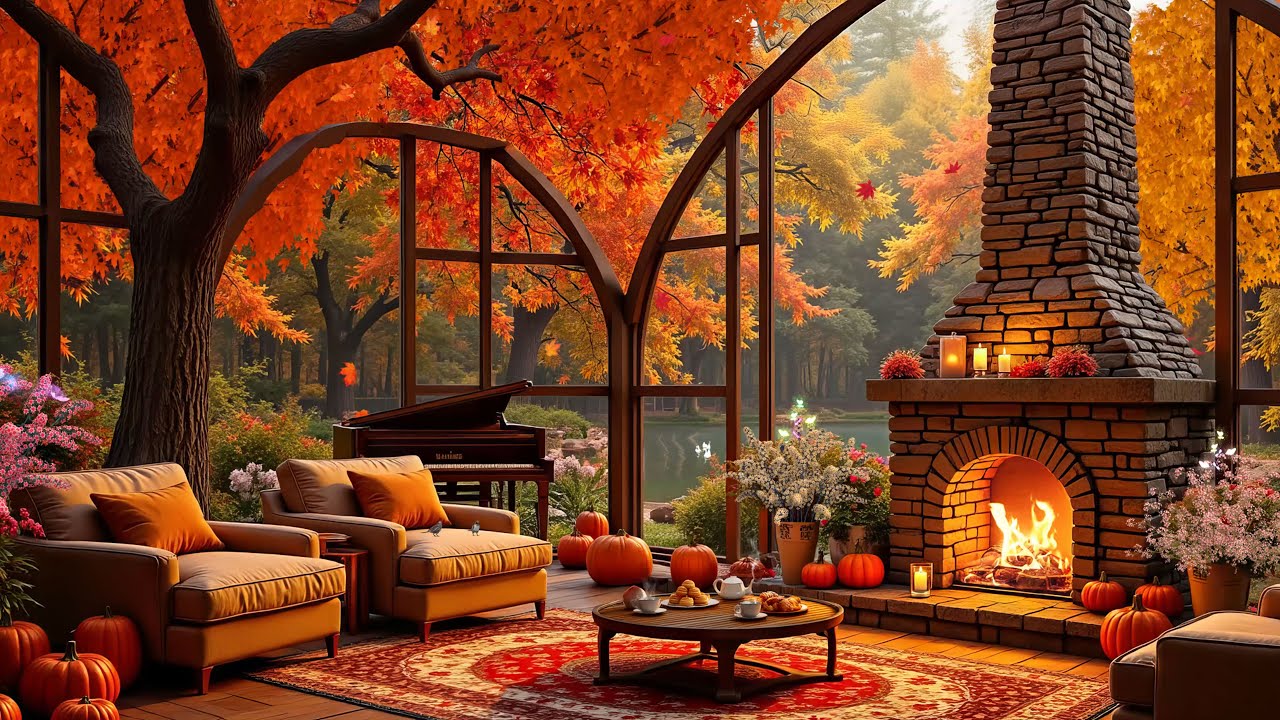 Autumn Lake Cabin 🎹 Soft Piano & Fireplace 🔥 Relaxing Fall Music for ...