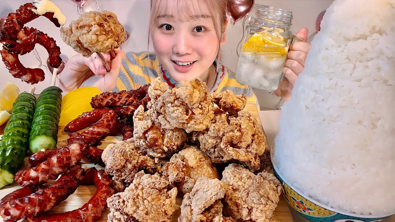 ASMR Жареная курица и жареная колбаса【русские субтитры】【Mukbang/ Eating Sounds】
