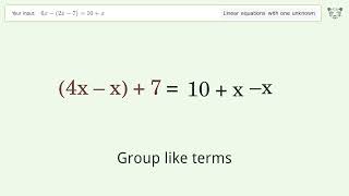 Linear equation with one unknown: Solve 6x-(2x-7)=10+x step-by-step solution