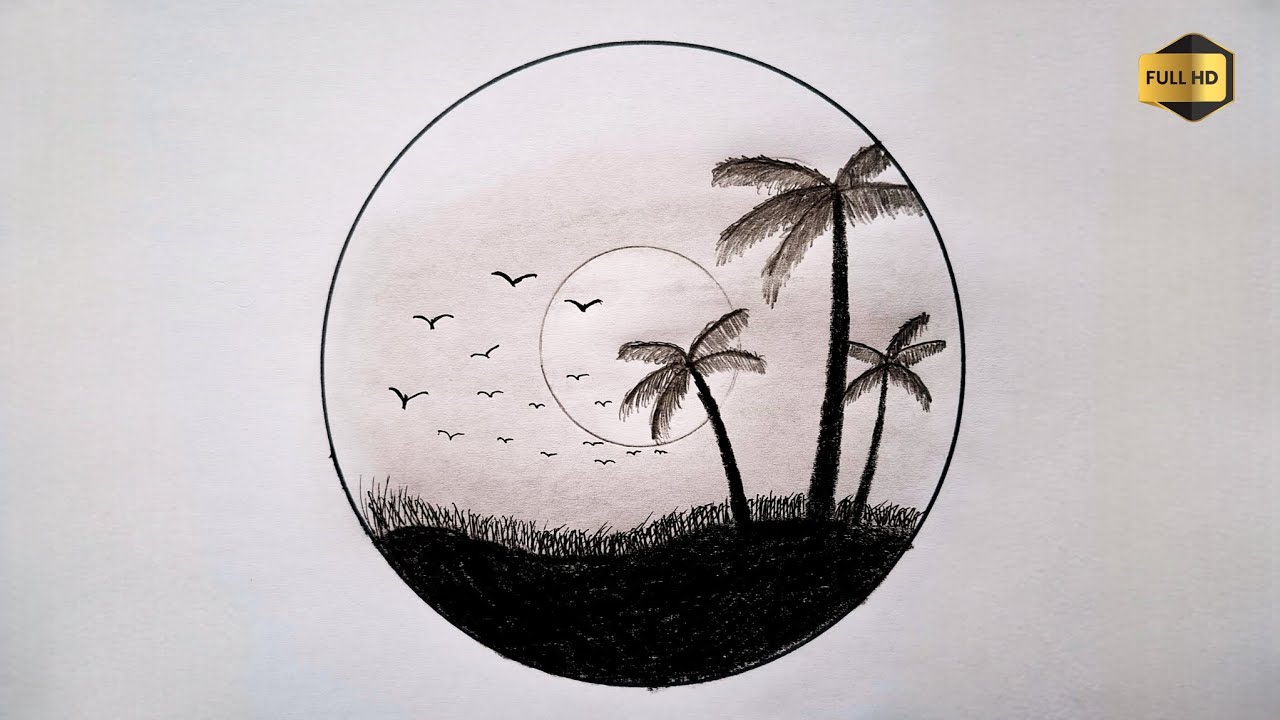 Circle Drawing | Simple Pencil Drawing | How to Draw Palm Trees and Sunset