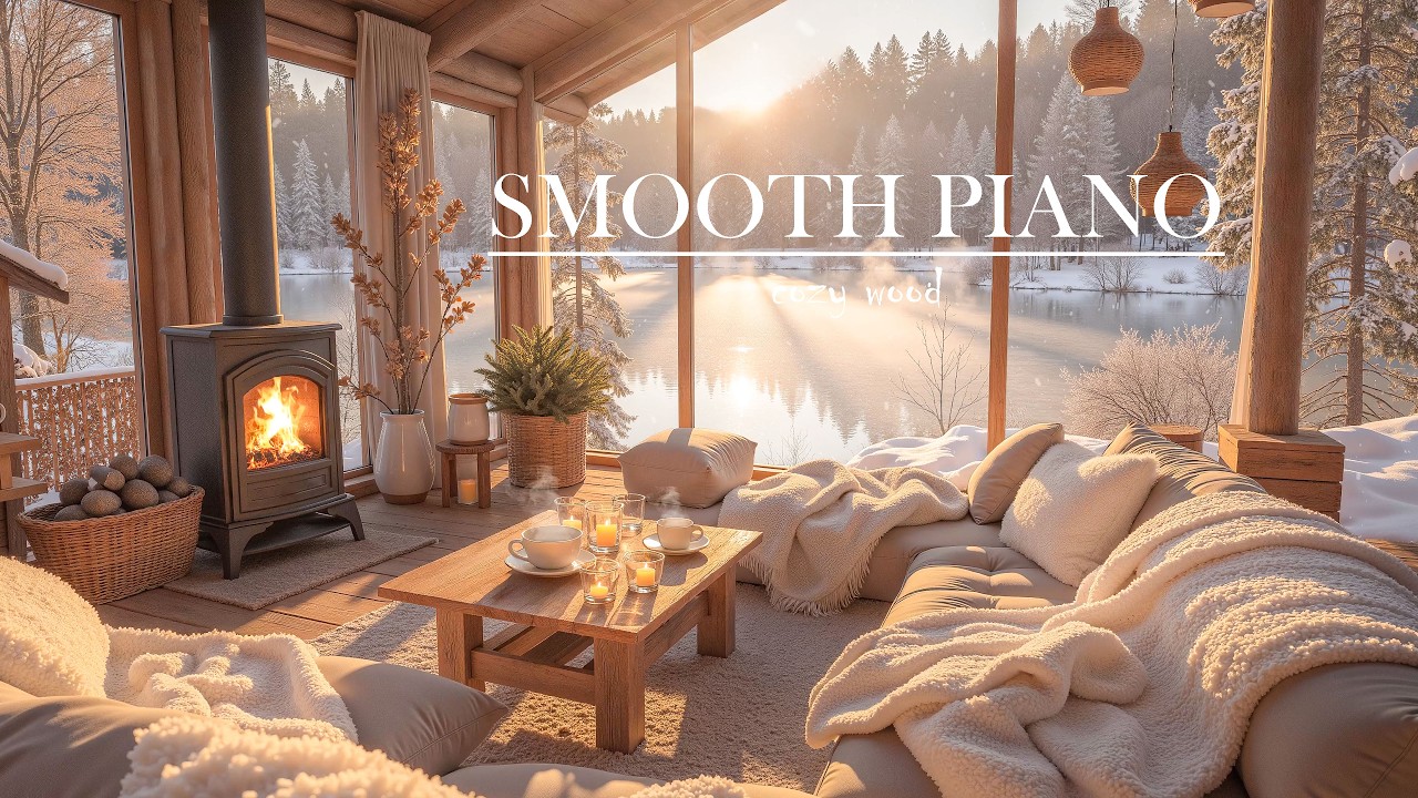 Winter Sunrise Cabin Jazz ❄️ Smooth Piano by the Fireplace | Calm Forest Lake Ambience
