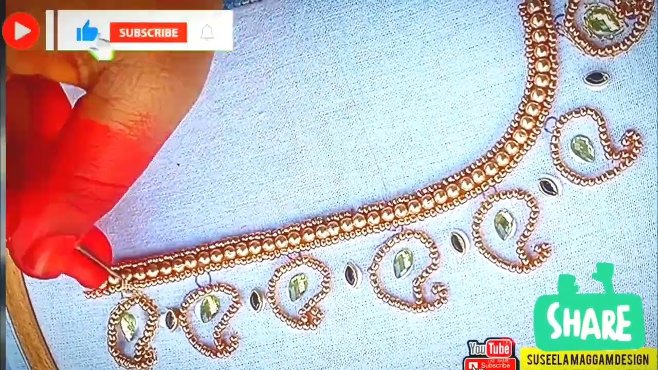 గోల్డ్ బీడ్స్, ముత్యాలతో స్టైలిష్ బ్లౌజ్ నెక్ వర్క్