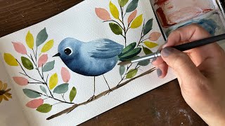 Watercolor Journal Day 51( Bird Illustration with colorful leaves)