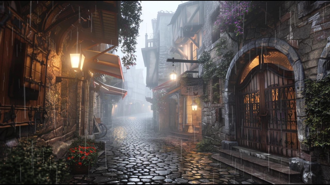 Cobblestone Village Street – 4 Hours of Rain & Deep Thunder Ambience
