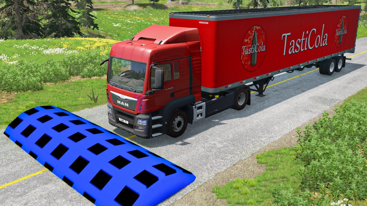 Cars vs Huge Blue Speed Bump - BeamNG.Drive | BeamNG Land TV