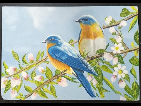 رسم عصافير ملونه بالألوان الأكريليك خطوة بخطوه How to draw colorful birds  in acrylic, step by step