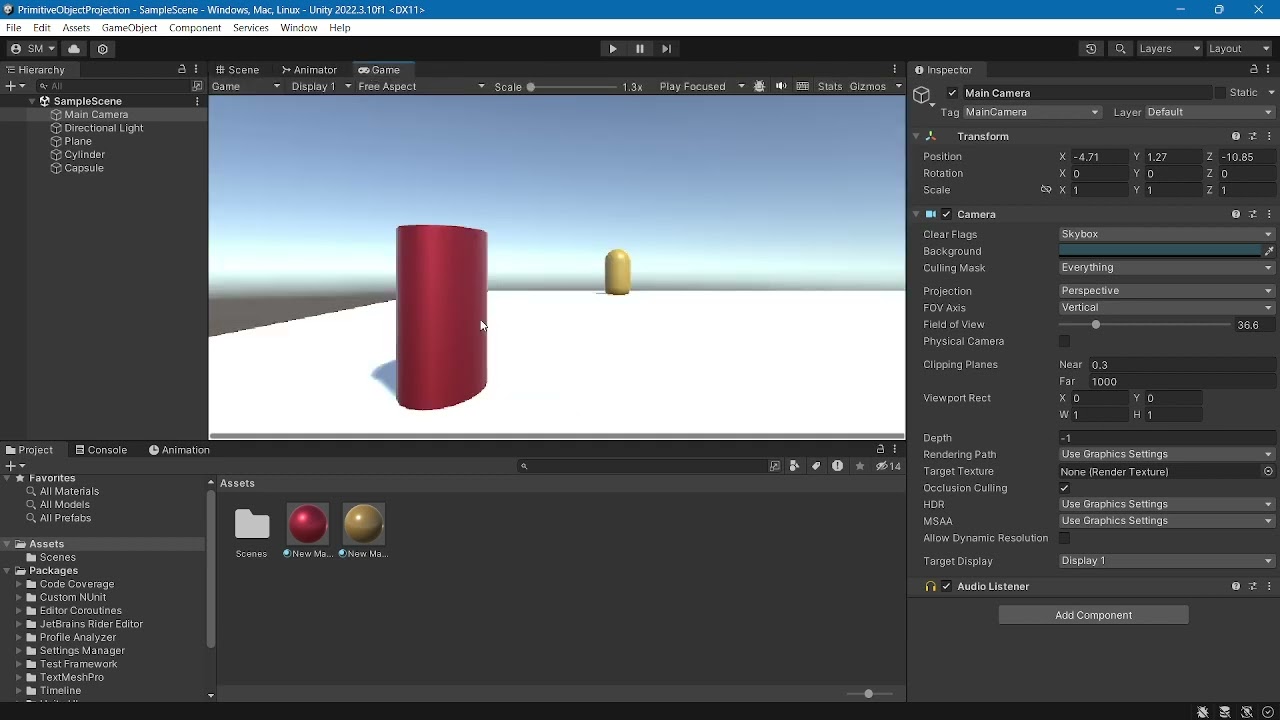 Displaying primitive objects by applying various projection types in handling the camera in Unity