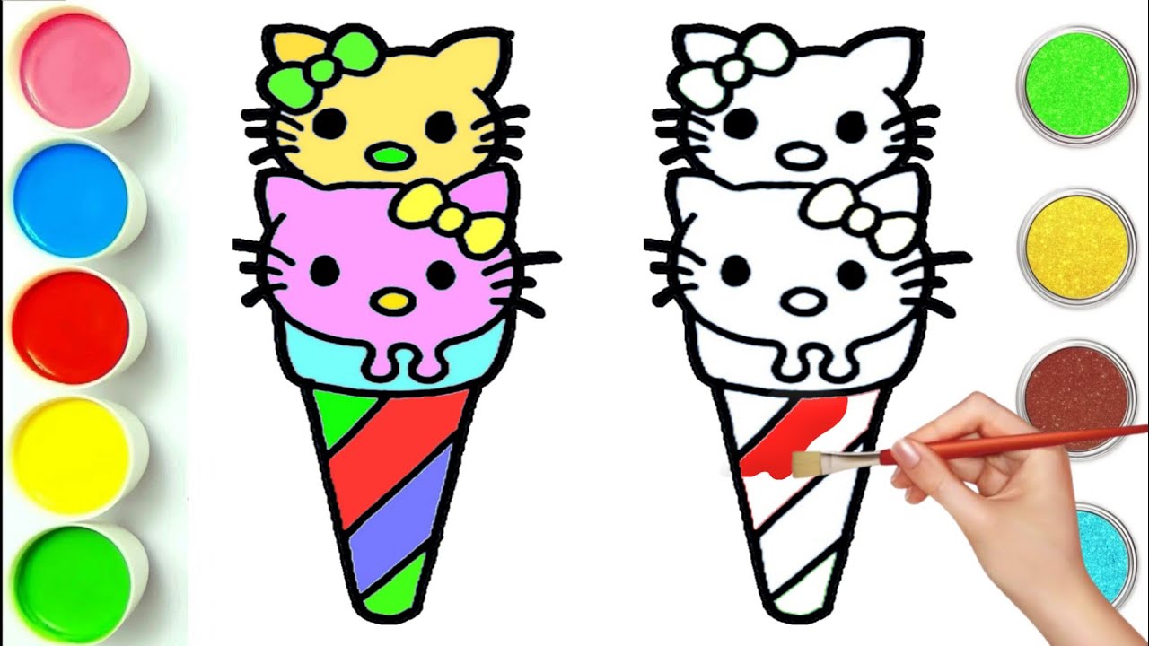 Hello Kitty ice cream drawing and painting for kids, Hello Kitty cone ice cream drawing tutorial ...