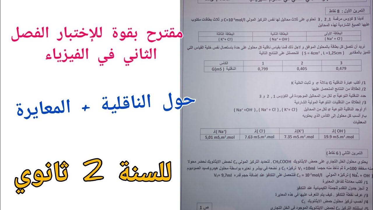 مقترح بقوة للإختبار الفصل الثاني في الفيزياء (حول الناقلية+ المعايرة) للسنة الثانية ثانوي