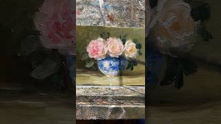 Back on the easel painting blue and white porcelain with garden roses #art