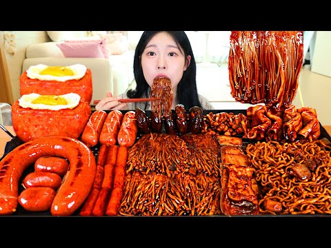 ASMR MUKBANG| 직접 만든 불닭 짜장 버섯 스팸 소세지 먹방 &amp; 레시피 SPICY MUSHROOMS AND FIRE NOODLES EATING