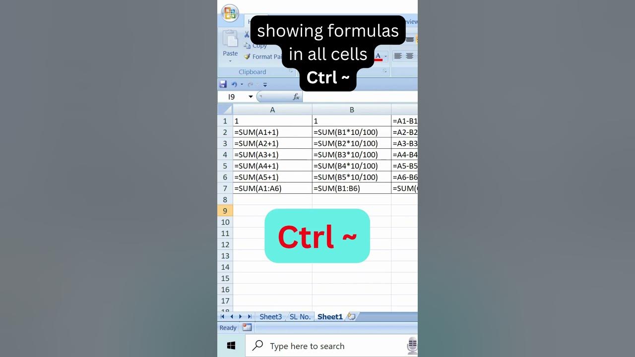 Showing formulas in all cells in excel control shortcuts tip of