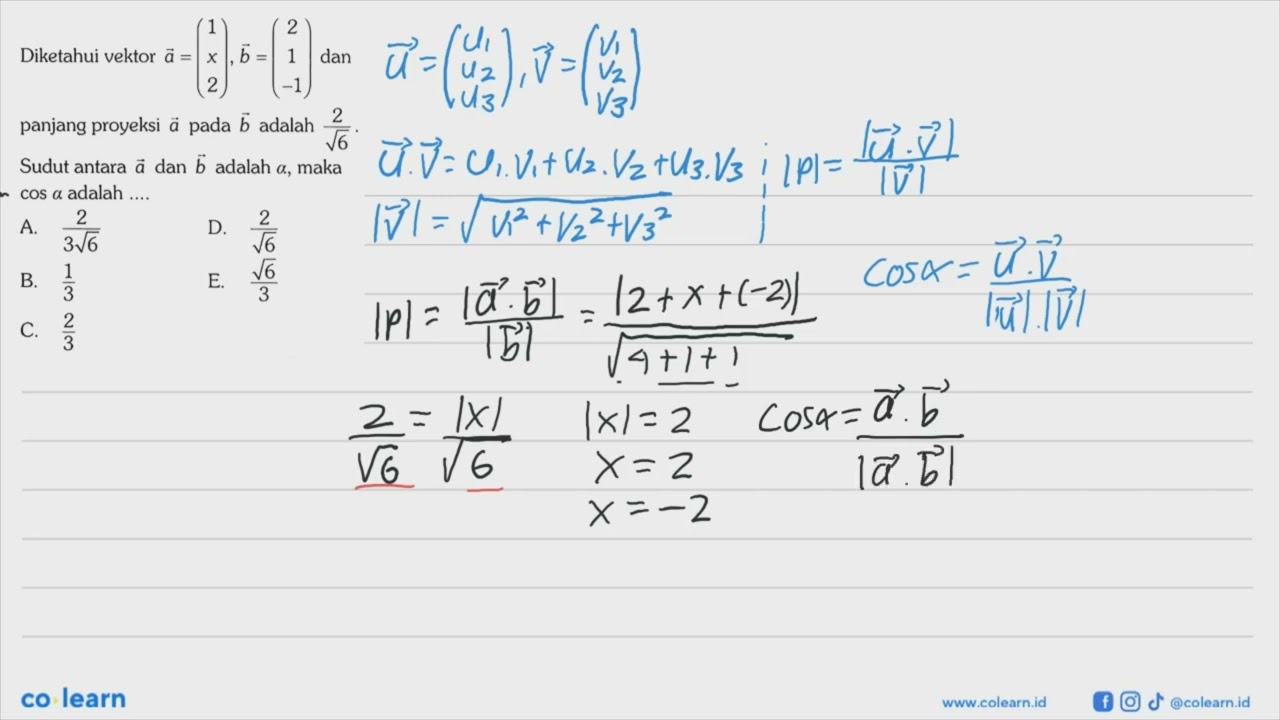 Given vector a=(1 x 2), vector b=(2 1 -1) and the length of the projection of vector a on vector ...