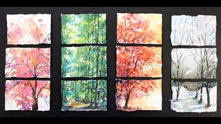 Small Vertical Triptych Spring Tree Watercolor Painting By Sumiyo Toribe