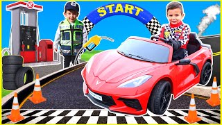 Racing kid Corvette and speeding to gas station for car repair in toy car for toddlers | Educational