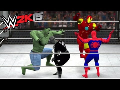 wwe-2k15---hulk-vs-batman-vs-spider-man-vs-venom-vs-thor-vs-iron-man---elimination-chamber-match