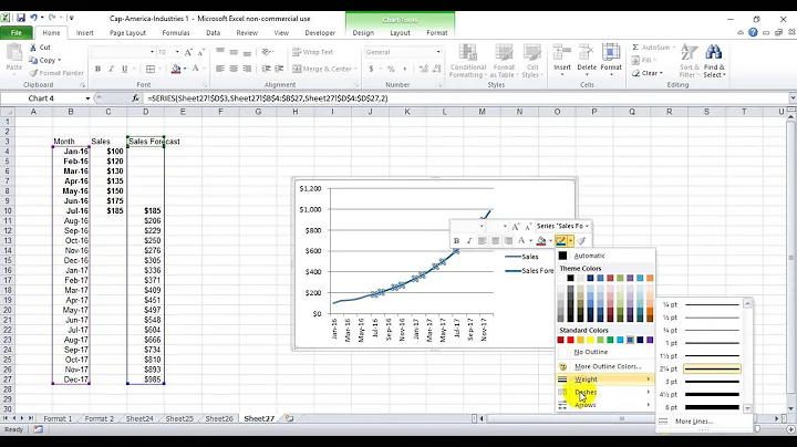 How to create a dotted forecast line in excel