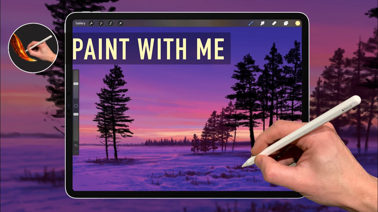 IPAD PAINTING TUTORIAL - Winter Snow Pine Tree sunset art in Procreate ...