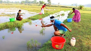 Fishing Video || Village boys and girls are fishing together using hooks in the long canal in field
