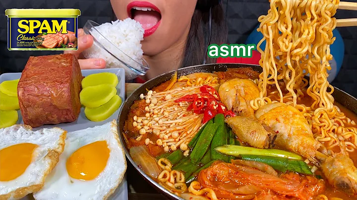 ASMR SPICY KIMCHI NOODLES STEW + SPAM FRIED EGGS PICKLED RADISH & RICE 먹방 Eating Sounds
