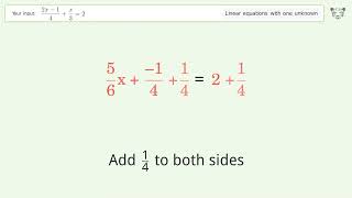 Linear equation with one unknown: Solve (2x-1)/4+x/3=2 step-by-step solution