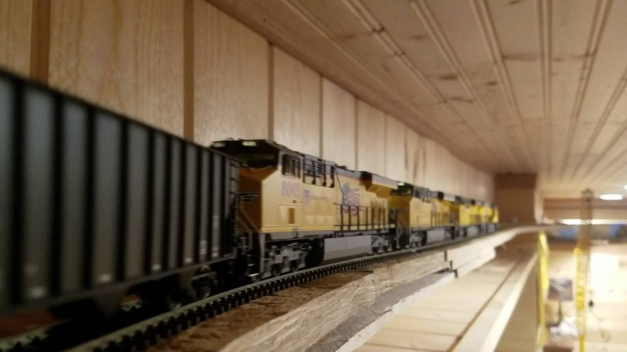Long Ho Scale Coal Train Goes Around Ceiling Layout Youtube