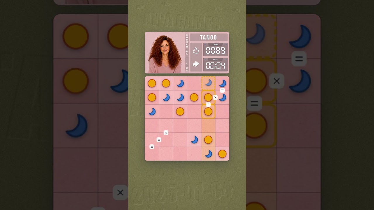 LinkedIn Tango #89 solved board for January 4, 2025, 6x6 grid