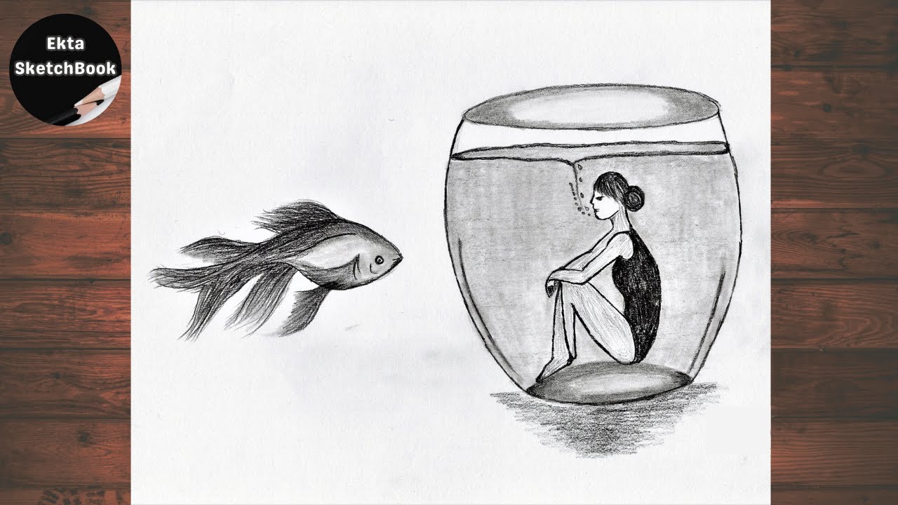 How to draw Fish and Girl Creative water girl drawing for beginners Easy Fish sketching