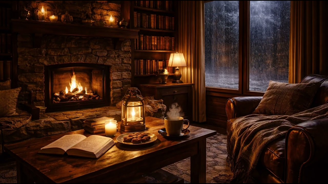 Cozy Rain & Fireplace Ambience 🌧️ Crackling Fire Night | Relaxing Sleep & Study Sounds
