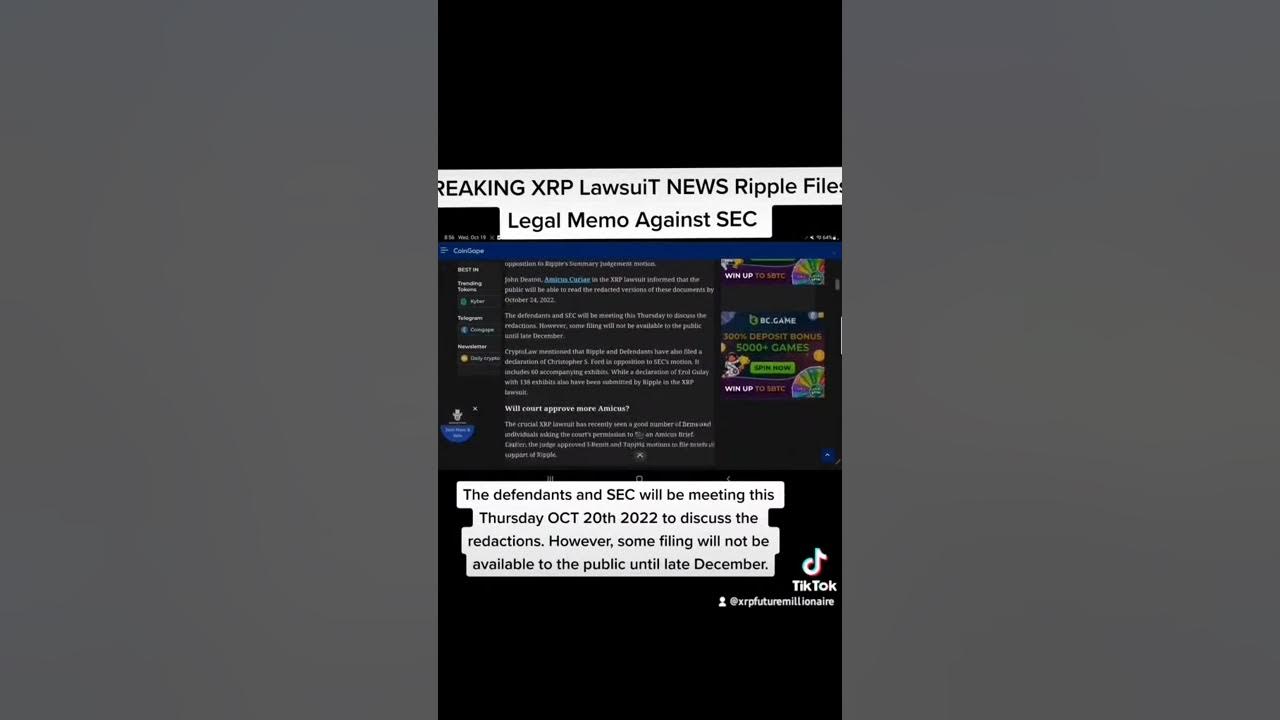 DEVELOPING LAWSUIT NEWS RIPPLE FILES LEGAL MEMO AGAINST SEC! XRP 