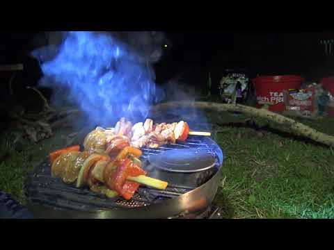 Grilled carp skewers with a power bank at a night session