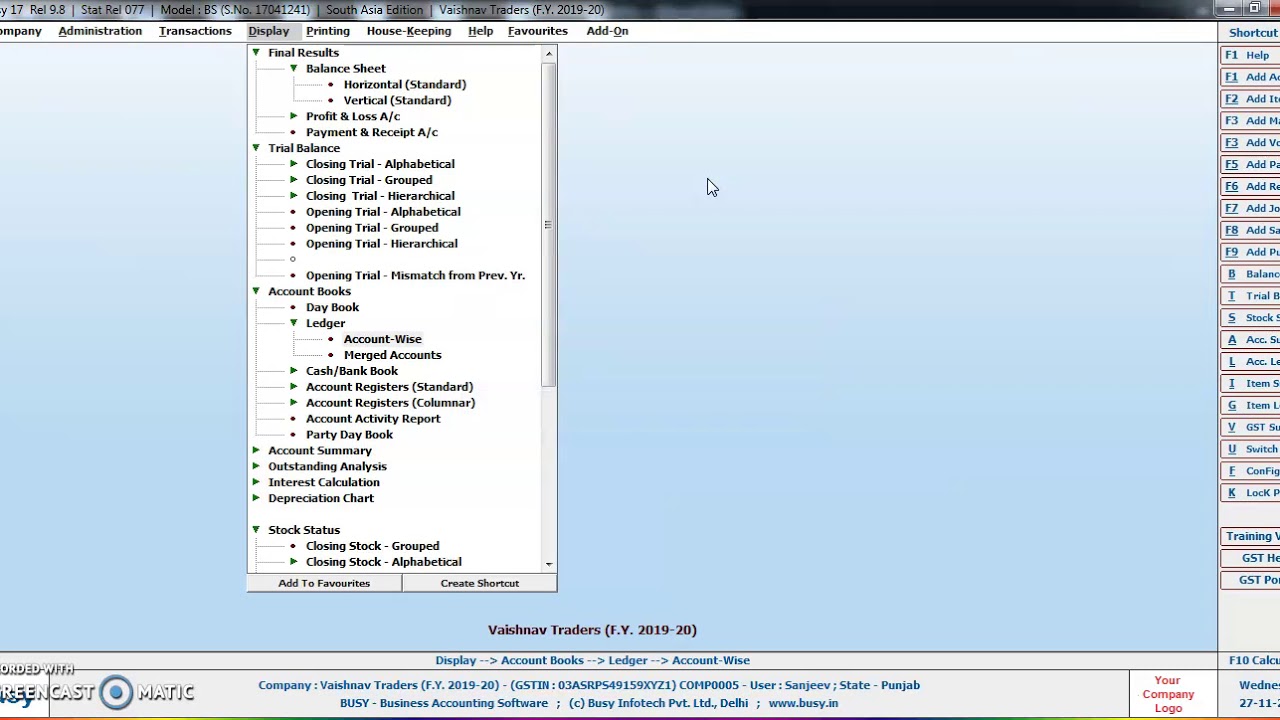 Display Options And Shortcut Key To Open Or Display A Particular Ledger 