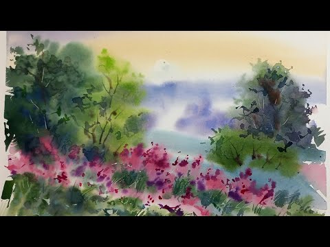 Летний вечер, быстрая и простая акварель по-мокрому