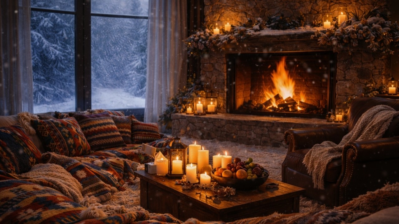 Heavy Snowfall Beyond the Window ❄️ | Crackling Fireplace Glow 🔥 Soft Piano Cozy Cabin Retreat