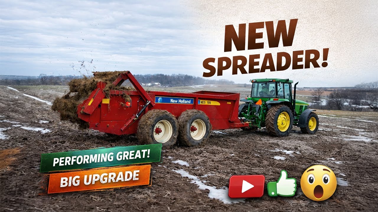 Зимняя уборка с помощью нового разбрасывателя навоза New Holland 195.
