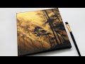 Gold Forest | Easy Acrylic Painting Step by Step for Beginners | Metallic Gold Acrylic Paint