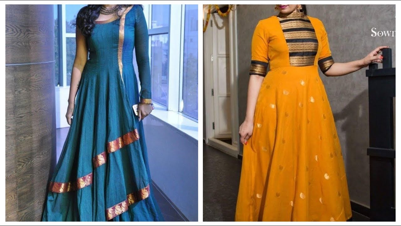 Convert Old Sarees To Stylish Long Gown || Reuse Saree Idea | Anarkali  dress pattern, Long gown design, Long dress design